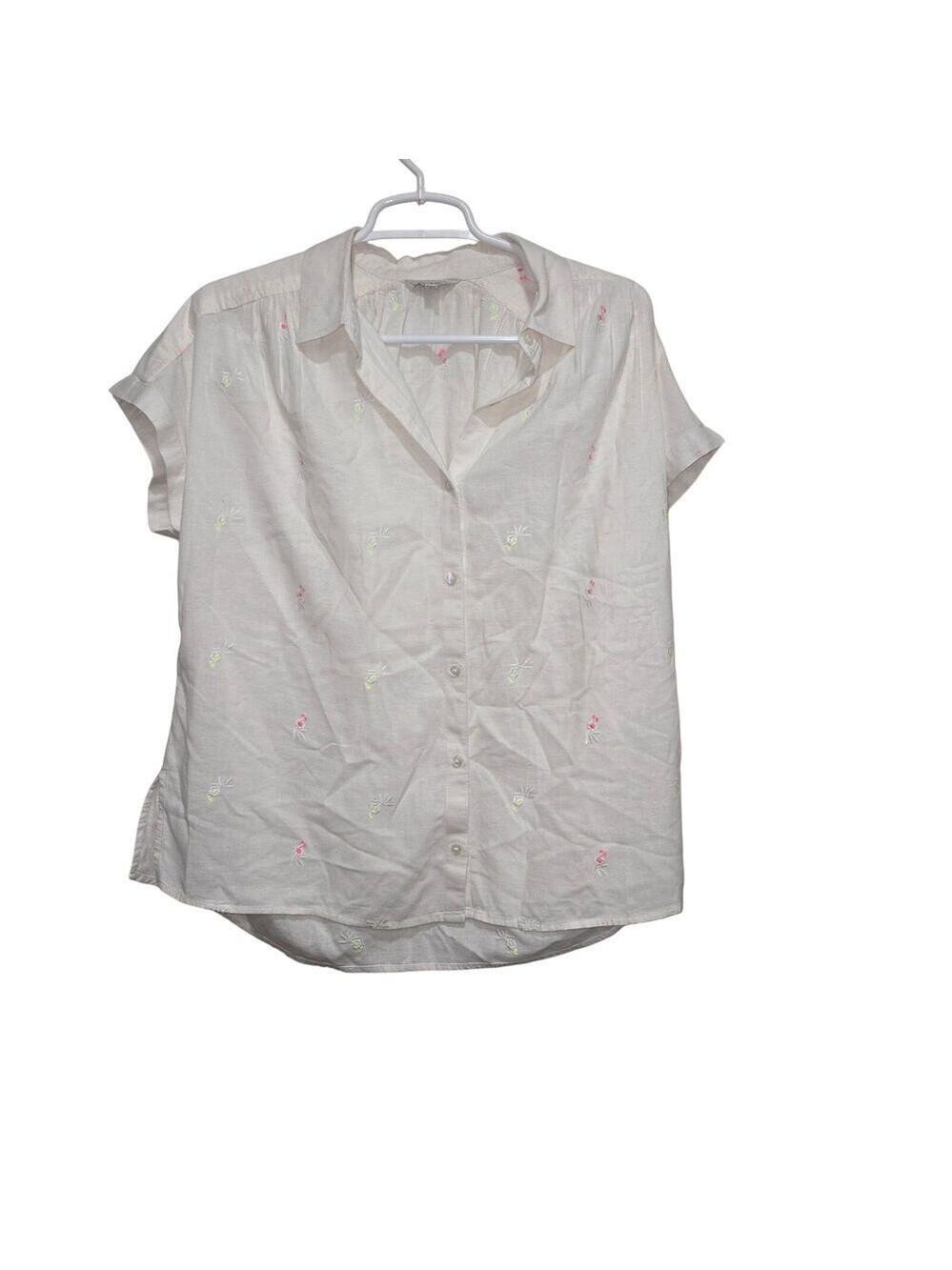 Lucky Brand Large Embroidered Cotton Blouse Cream Boho Button Front